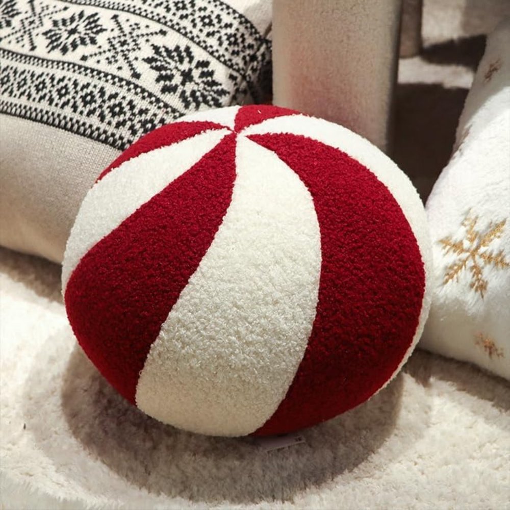 Teddy Fleece Candy Ball Sherpa Plush Shaped Red & White Decorative Pillow Cushio